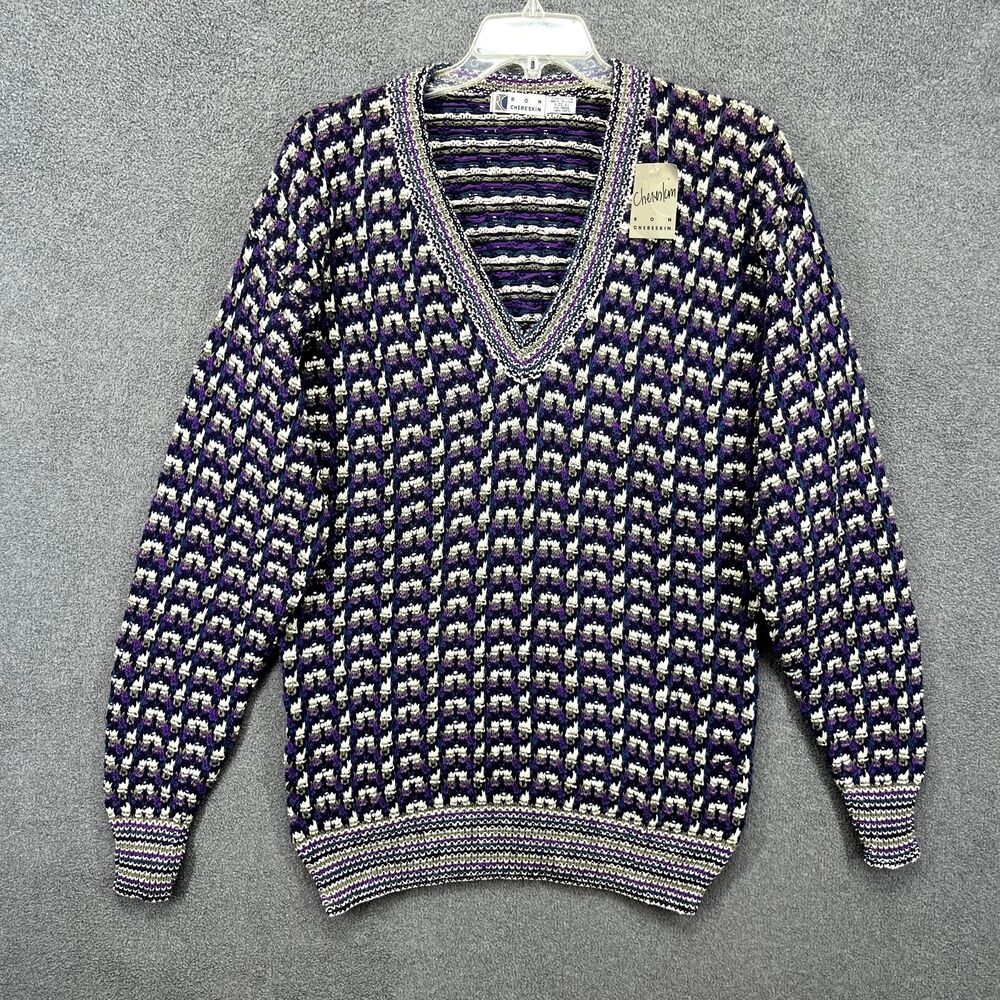 Vintage Ron‎ Chereskin Sweater Mens XL Blue Purple Cotton Knit 90s preppy cozy